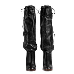 Gucci Cinched Tie Leather Mid Heel Black Boots